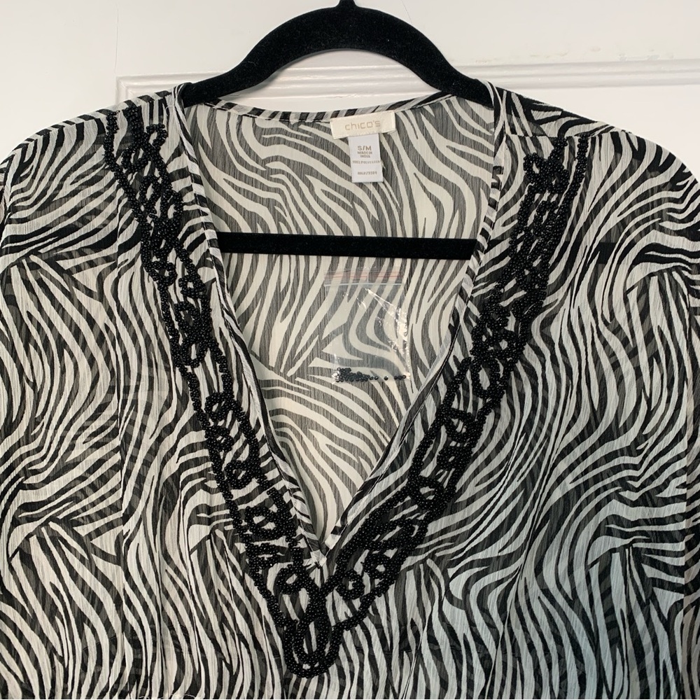 New Chico’s Black and White Zebra Print Tunic Sheer Top Swim Cover Small Medium